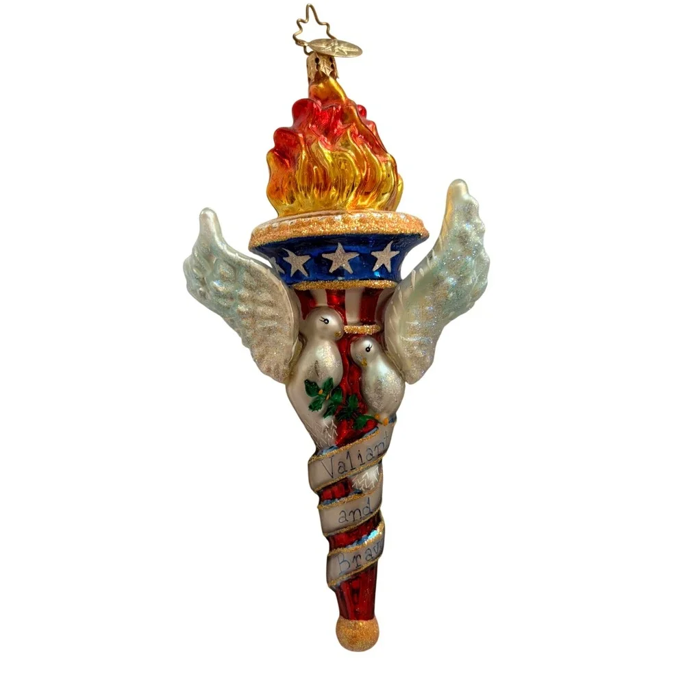 Christopher Radko Valiant and Brave Patriotic Torch Glass Ornament Doves Wings